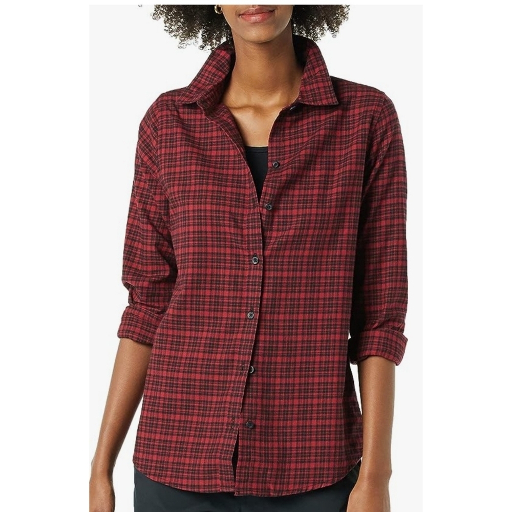 Amazon essentials Classic Fit Long sleeve Plaid Flannel Shirt Red & Black XL